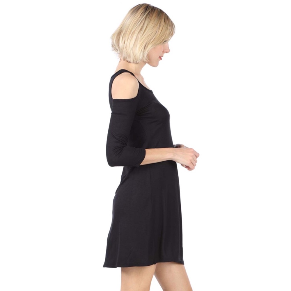 Cold Shoulder 3/4 Sleeve Jersey Knit Dress Black - Picture 3 of 3